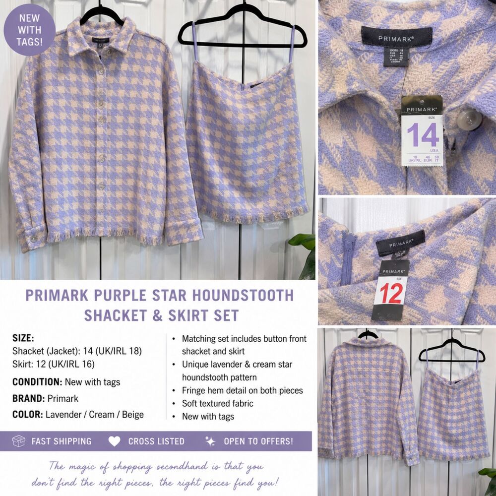 NWT Primark Purple Cream Houndstooth Star Shacket & Skirt Set Size 14/12